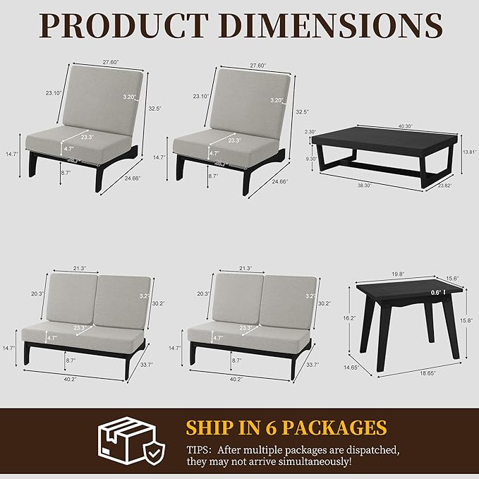 UIXE 6 Pieces All Weather Black Wood Patio Furniture Sets, 2 Patio Loveseat, 2 Patio Bistro Chair, Outdoor Sectional Sofa Furniture Backyard Conversation Set with Coffee Table - Light Camel