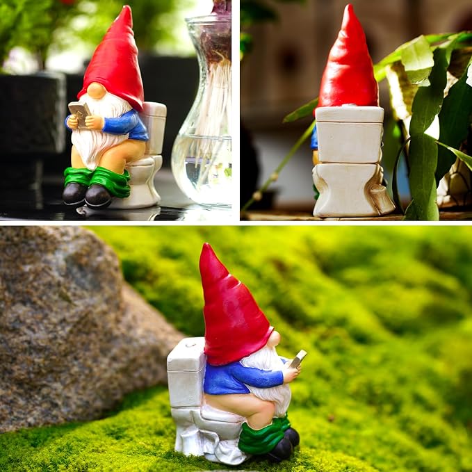 Funny Garden Gnome on a Throne, Durable Ceramic Statue Decoration, Weather-Proof Outdoor Gnomes for Yard Lawn Garden Decor, Housewarming Gag Gift