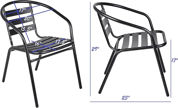 BTEXPERT Indoor Outdoor Restaurant Stainless Steel Aluminum Metal Slat Stack Commercial Lightweight, 3 Chairs with a 27.5" Round Table, Silver/Black