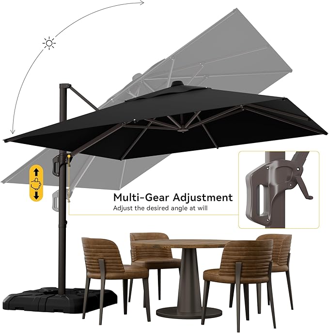 10x10FT Cantilever Outdoor Umbrella with Base, 360° Rotating Large Offset Square Patio Umbrella, Ideal for Garden Backyard Deck Courtyard, Black
