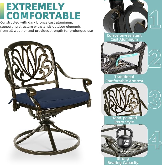 MEETWARM 7-Piece Outdoor Patio Dining Set, All-Weather Cast Aluminum Patio Conversation Set for Backyard Garden Deck with 6 Cushioned Swivel Rocker Chairs, 1 Rectangular Table, Navy Blue