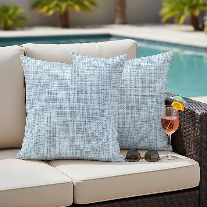Outdoor Waterproof Throw Pillow Covers Set of 2 Blue Linen Texture Pillowcases 26x26 Inches Solid Color Decorative Pillows Cushion Case Patio Pillows for Couch Bed Chair Garden