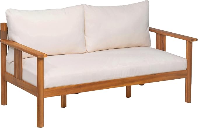 Christopher Knight Home Willy Acacia Wood Patio Furniture Set with Water-Repellent Cushion, 4 Piece Outdoor Acacia Wood Conversation Set, Outdoor Sectional Sofa Set with Coffee Table, Beige+Teak