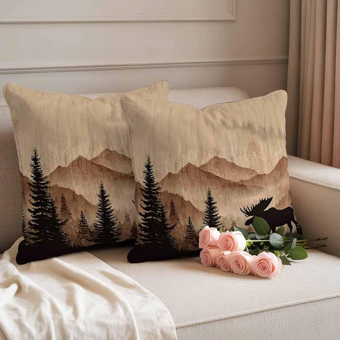 Moose Silhouette Outdoor Pillow Covers 20"x20" Set of 2, Nature Mountain Landscape Waterproof Throw Pillow Covers for Patio Furniture, Decorative Cushion Covers for Porch