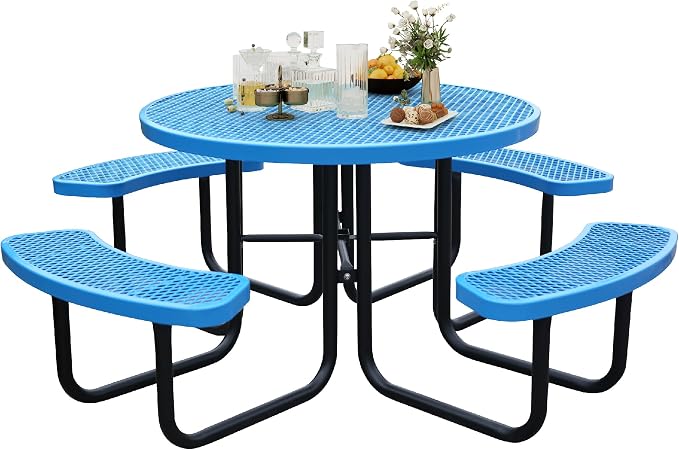 46 Inch Round Outdoor Metal Picnic Table, All-Weather Patio Dining Set for 6-8 Adults, Heavy Duty Steel with Central Umbrella Hole, Perfect for Garden, Backyard, Deck & Small Spaces - Easy Assembly