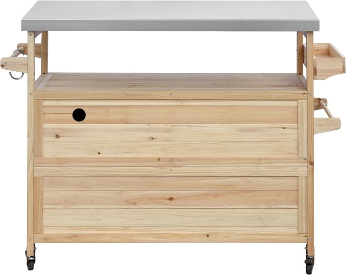 Large Outdoor Rolling Patio Bar Table Cart, Outdoor Kitchen Island Cart Grill Table, Farmhouse Solid Wood Outdoor Serving Cart Prep Table with Stainless Steel Top for Grill/Kitchen, Natural