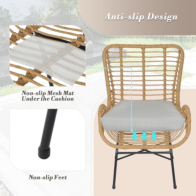 Athena Collection Patio Bistro Sets, 3 Piece All Weather Furniture Set Outdoor Conversation Set Glass Table and Rattan Chairs Set with Soft Cushions for Garden, Poolside, Backyard, Light Gray
