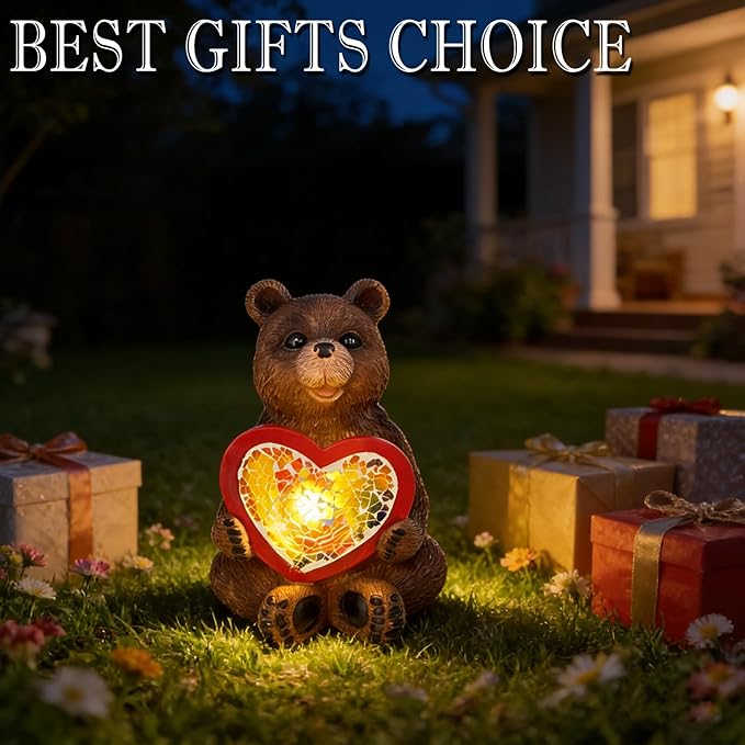 Solar Bear Garden Statues Decor for Outdoor, Brown Bear Figurine Lights for Lawn Patio Yard Decoration - Unique Christmas Housewarming Gift for Grandma Wowen Mom