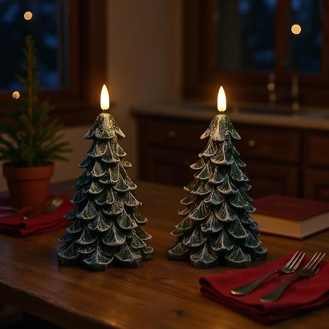 Christmas Tree Flameless Candles with 6H Timer, 2 Pcs Battery Operated LED Pillar Candle with Flickering 3D Wick, White Flocked Decoration Green Candles for Home Décor Christmas Gifts