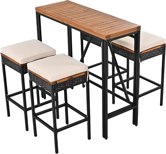 10-Piece Outdoor Patio Dining Set, Acacia Wood Bar Height Table with Foldable Tabletop and Four Stools with Cushions, High-Dining Bistro Set