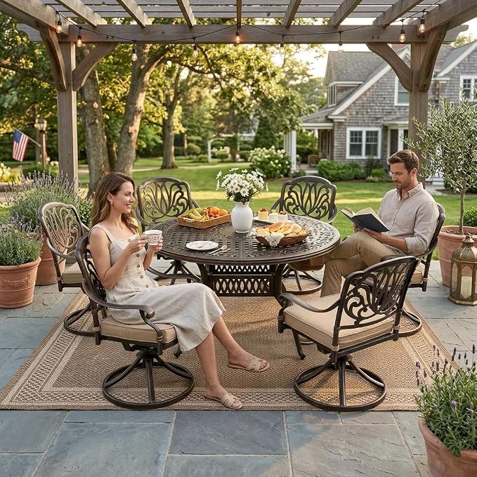 7-Pcs Cast Aluminum Patio Dining Set with 6 Swivel Chairs,Bronze | Outdoor Furniture Set Include 54" Round Dining Table and 6 Swivel Chairs with Cushions & Umbrella Hole