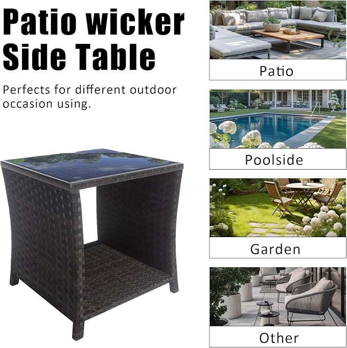 Wicker Rattan Side Table,Outdoor Patio Wicker Table,Modern Patio End Side Table with Glass Countertop and Storage Space,for Garden Balcony Porch