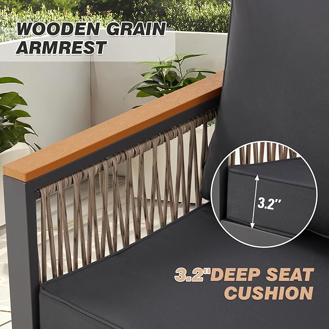 EROMMY 4 Pieces Outdoor Patio Furniture Set with Solid Wood Handrails, Plastic-Wood Balcony Furniture with Wicker Arm Panel, All-Weather Metal Patio Conversation Sets with Coffee Table and Cushion