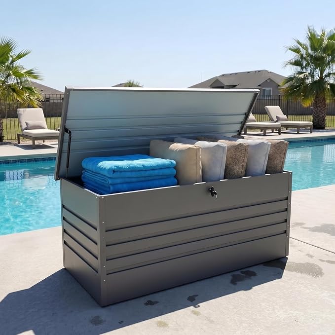 Metal Outdoor Storage Box 260 Gallon, Large Metal Deck Box, Light Gray | Waterproof Lockable for Pool Patio Summer Home