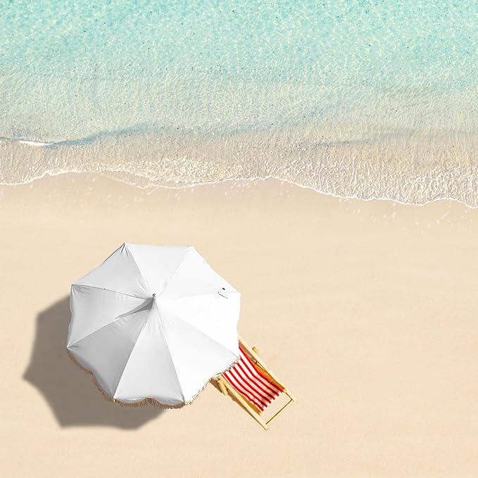 6.5ft Pagoda Beach Umbrella with Fringe, UPF 50+ Boho Umbrellas with Carry Bag, Premium Wood Pole Foldable Tassel Umbrella for Outdoor Garden Lawn Pool Yard Table