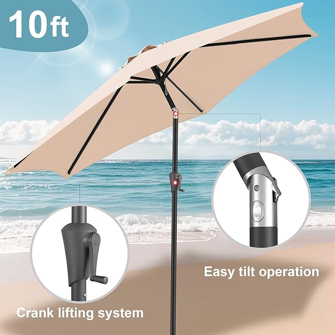 FLAME&SHADE 10ft Patio Umbrella - Outdoor Umbrella with 6 Sturdy Ribs, Push Button Tilt and Crank, UV Protection Table Market Umbrella for Pool, Porch, Garden, Deck, Backyard (Beige)