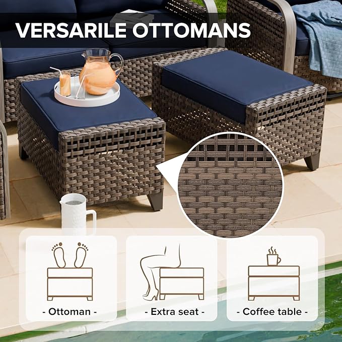 COOS BAY Modern Wicker Outdoor Furniture Set, 6 Piece Patio Conversation Set with 2 Patio Chairs, a 3 Seat Couch, 2 Ottomans and Coffee Table, 6 Piece, Brown/Blue