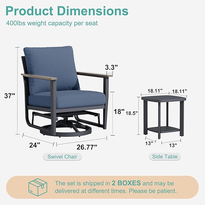 6-Piece Aluminum Patio Rocking Swivel Chair Outdoor Bistro Set, Patio Conversation Set Outdoor Patio Furniture Set with High Backrest & Thickened Cushions for Garden, Deck and Balcony, Navy Blue