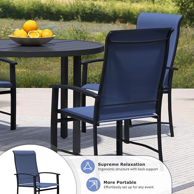 9 Piece Outdoor Patio Dining Set for 8, 60" Black Round Metal Table with 8 Blue Chairs, All-Weather Outdoor Furniture Set for Backyard, Lawn, Deck, or Poolside