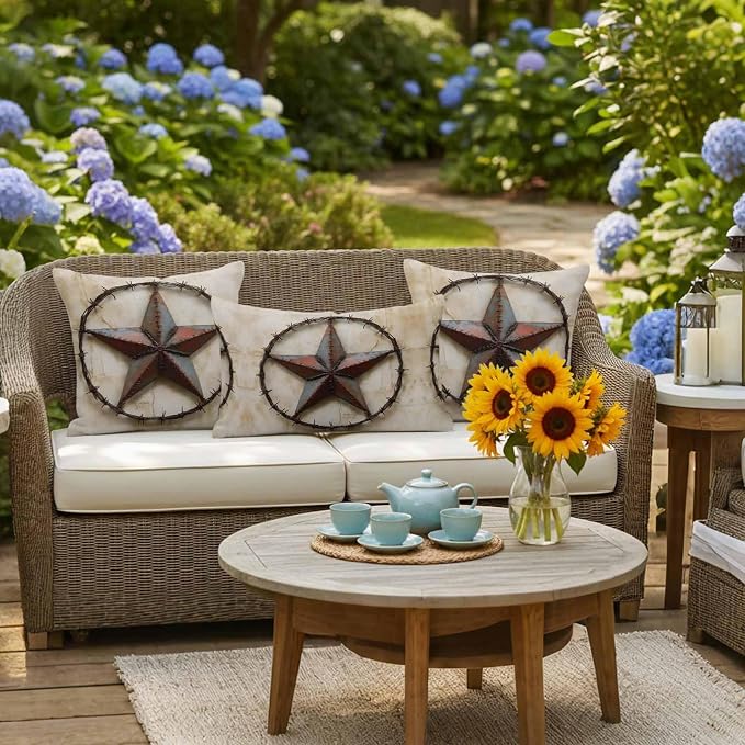 Texas Star Vintage Waterproof Outdoor Pillow Covers Set of 2 Home Decor, Abstract Country Stars Modern Pillowcase Patio Pillow Covers for Couch Bench Furniture Garden 16x16in