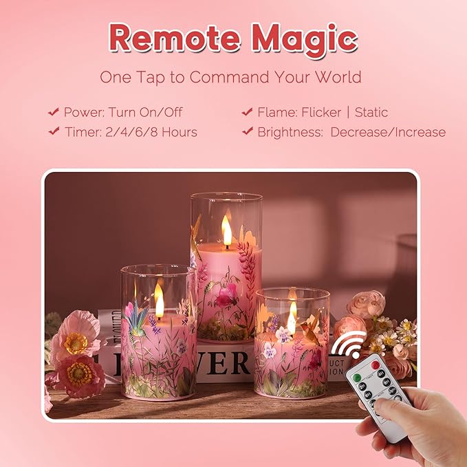 Pink Hummingbird Glass Flameless Candles with Remote, Flickering LED Pillar Candles Battery Operated Set of 3, Spring Home Shelf Decor