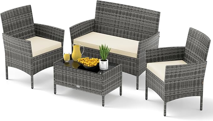 Tangkula 4 Pieces Patio Rattan Conversation Set, Outdoor Wicker Furniture Set with Cushioned Chair, Loveseat & Tempered Glass Table, Outside Sectional Sofa Set for Backyard (G-Beige,1)