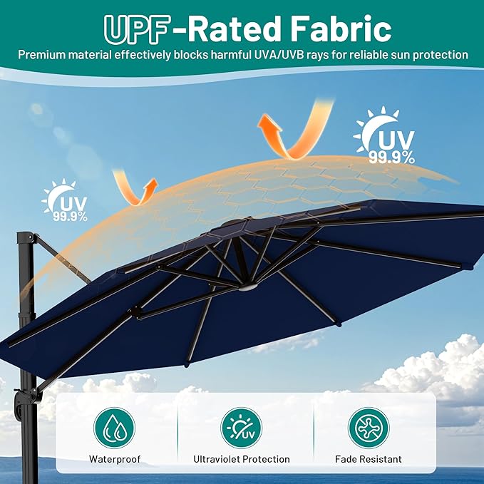 AreShark 11FT Cantilever Patio Umbrella, 360-Degree Rotation Round Hanging Offset Umbrella with Crank, Heavy Duty Patio Umbrella for Patio, Pool, Garden, Deck, Navy