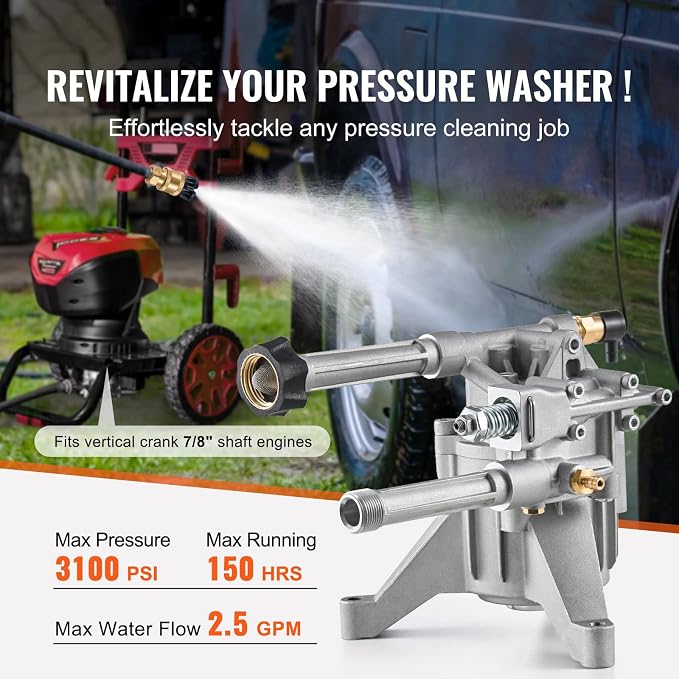 Happybuy Pressure Washer Pump, 7/8" Shaft Vertical, 3100 PSI, 2.5GPM, Replacement Power Washer Pumps Kit with 5 Nozzles, Hardware and Siphon Tube, Compatible with Honda, Troy Bilt, PowerStroke