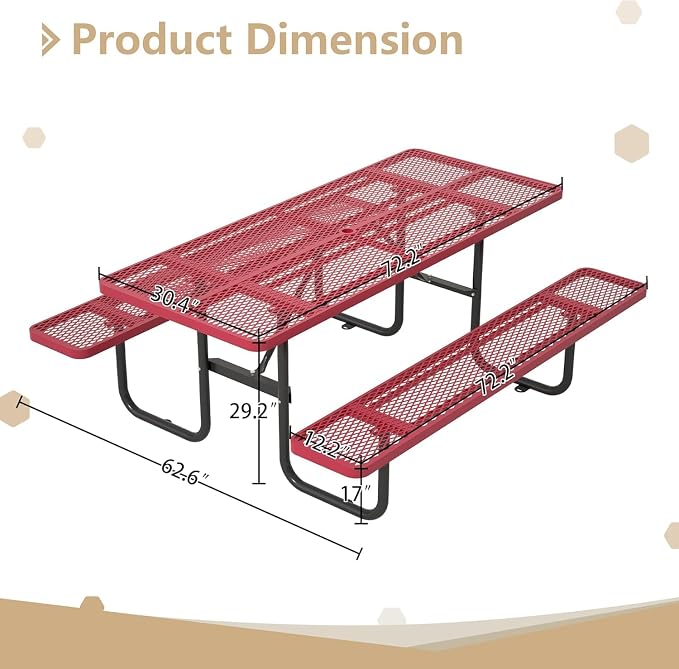 Coated Steel Heavy Duty Picnic Table for Outdoors 2200 lbs Load, Rectangular Camping Table with 1.78" Umbrella Hole, Commercial Picnic Table with Benches, Red