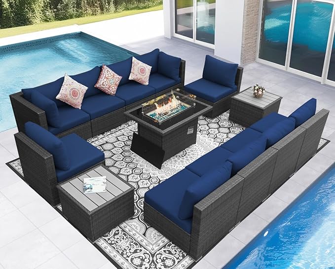 NICESOUL 13 Piece Outdoor Sectional Furniture with Firepit, Contemporary Back Yard Fireplace w/Seating Area, Plus Size 29.3'' High Back Patio Set, All-Weather Wicker Couch for Exterior, Gray & Blue