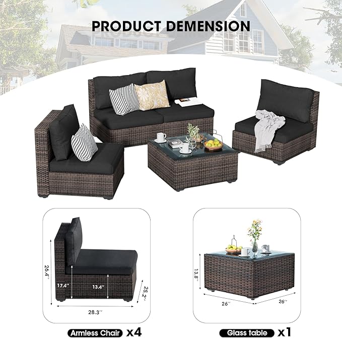 5 Piece Patio Furniture Set All Weather PE Rattan Outdoor Sectional Sofa Couch with No-Slip Cushions and Glass Top Table for Garden, Poolside, Backyard (Black)