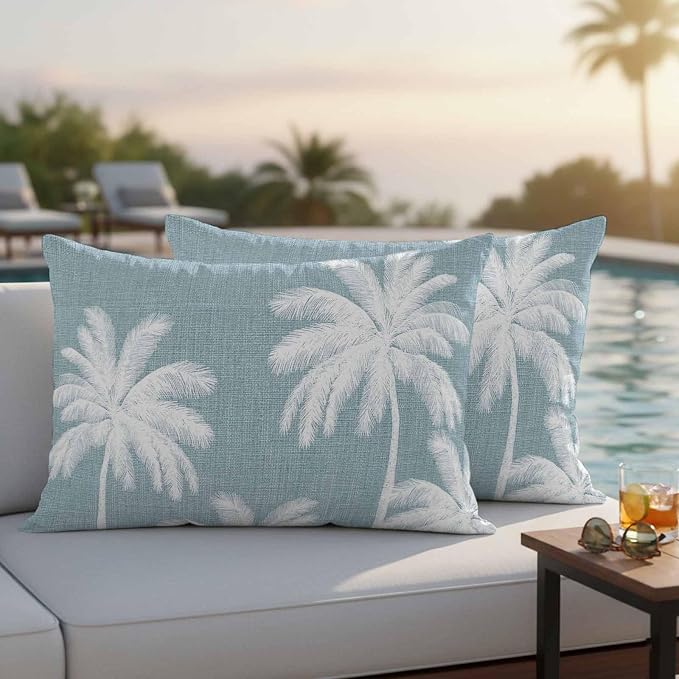 Lumbar Pillow Covers 20x12 Inch Set of 2, Grey Blue Palm Trees Waterproof Outdoor Pillow Covers, Farmhouse Tropical Summer Beach Decorative Cushion Pillowcases for Couch, Sofa, Bed, Garden, Patio