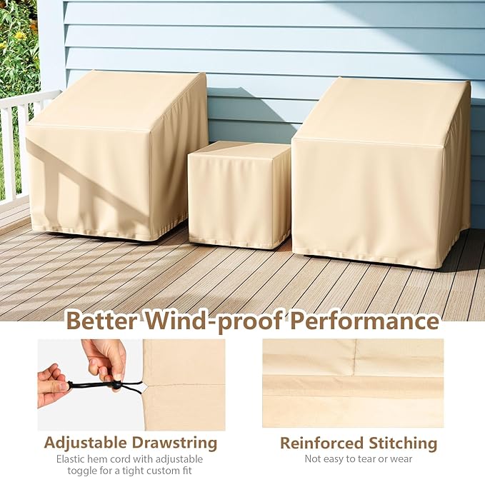 Tangkula Patio Furniture Covers 3 Piece Set, Waterproof Outdoor Conversation Covers for 3 Pieces Bistro Set, Heavy Duty Sofa Cover Set for 2 Chairs & Side Table, 32” x 30” x 32”, 19.5” x 19.5” x 21”