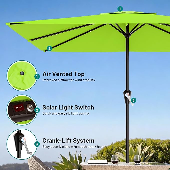 AreShark 8' X 10' Rectangular Patio Umbrella with Solar Lights, Lighted Solar Umbrella with Crank, Outdoor Table Umbrella for Garden, Deck, Backyard, Pool and Beach, Apple Green