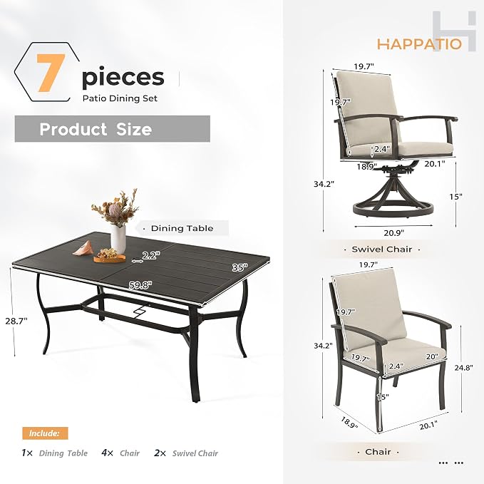 HAPPATIO 7 Piece Patio Dining Set, Aluminum Outdoor Dining Set for 6, Patio Furniture Sets, 2 Swivel Dining Chairs, 4 Dining Chairs, Aluminum Furniture Set for Patio, Yard (Black)