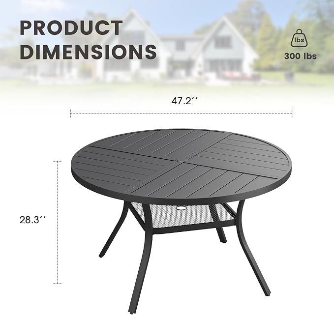 47.2" Outdoor Dining Table with Adjustable Umbrella Hole, Metal Slatted Round Patio Dining Table for Backyard Garden Deck, Black