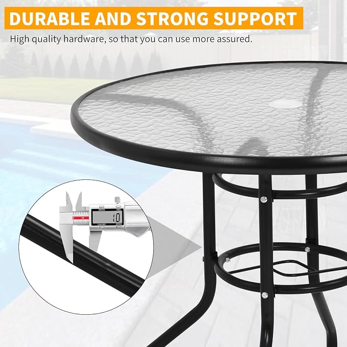 BLKMTY 32" Round Bistro Table Outdoor Furniture Garden Tables Patio Coffee with Tempered Glass Top Patio Glass Side Table for Backyard Lawn Balcony Pool, Black