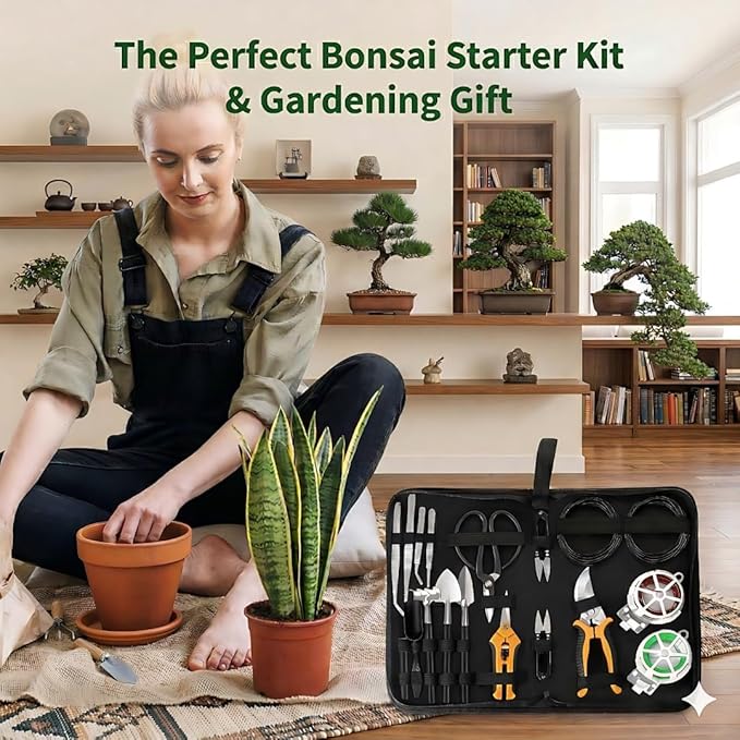 Bonsai Tools Set, 20-Piece Bonsai Tools Set with Waterproof Repotting Mat, Pruning Shears, Scissors & Training Wire - Indoor Gardening Starter Gifts for Women, Men & Beginners