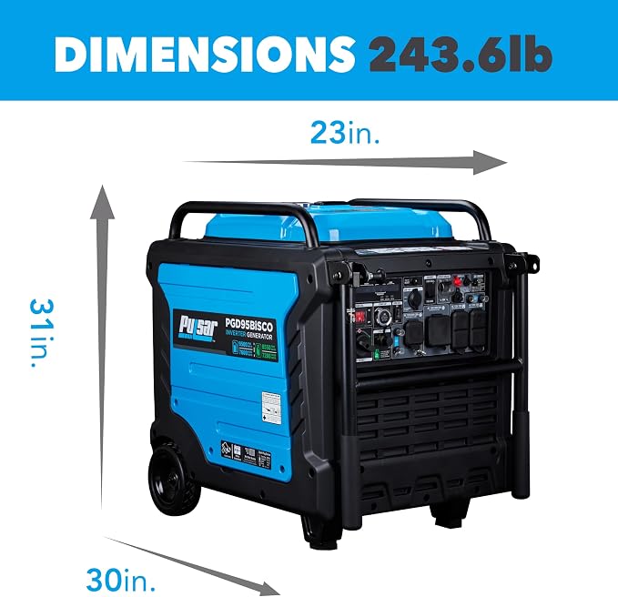 Pulsar PGD95BISCO Super Quiet Dual Fuel 9500W Home Use Backup Portable Inverter Generator With Remote Control and electric start (CO, low battery and low oil Shutoff), RV ready