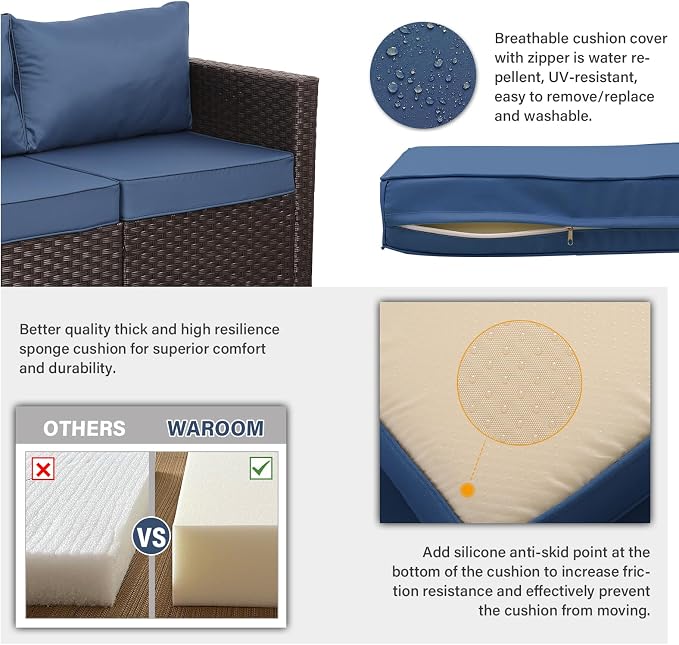 WAROOM Patio Furniture Set 5 Pieces Outdoor Conversation Sets PE Rattan Couch Loveseat Resin Wicker Sectional Sofa with Storage Box Coffee Table and Propane Fire Pit, Blue Cushion