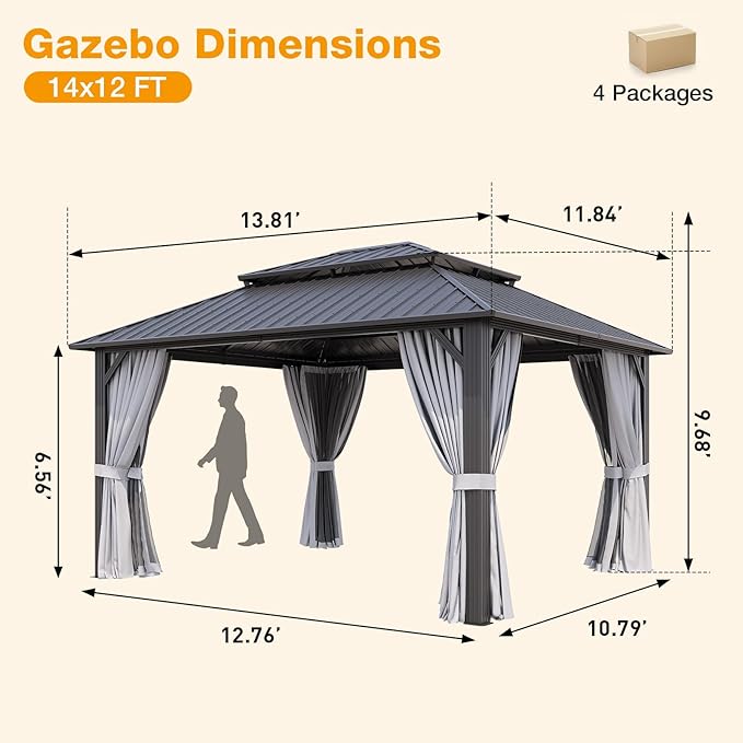 12x14FT Hardtop Gazebo, Metal Frame with Double Galvanized Steel Roof, Permanent Outdoor Pergola with Curtains and Netting Included for Backyard, Patio, Lawn and Garden, Gray