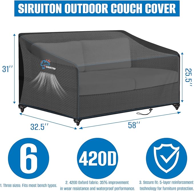 SIRUITON 2-Seat Garden Patio Sofa/Loveseat/Bench Cover 58" W x 32.5" D x 31" H,Heavy Duty 420D Oxford Waterproof Outdoor Sofa Cover, Lawn Patio Furniture Covers