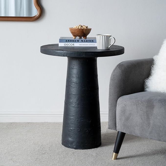 Faux Stone Side Table Round End Table Patio Small Drink Table for Small Spaces, Modern Circle Pedestal End Tables Nightstand for Living Room Bedroom Corners Office (Black)