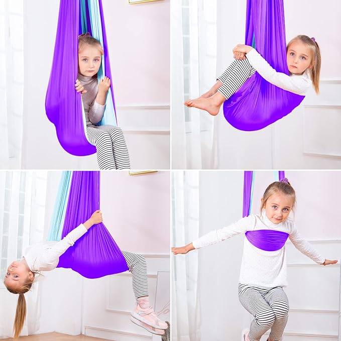 Therapy Swing Hammock Kids Cuddle Sensory Swing Indoor Therapeutic Hammock 360° Rotating Double Layer Elastic Rocking Cloth Swing Gifts for Children with ADHD SPD Asperger Autism (Purple+Sky Blue)