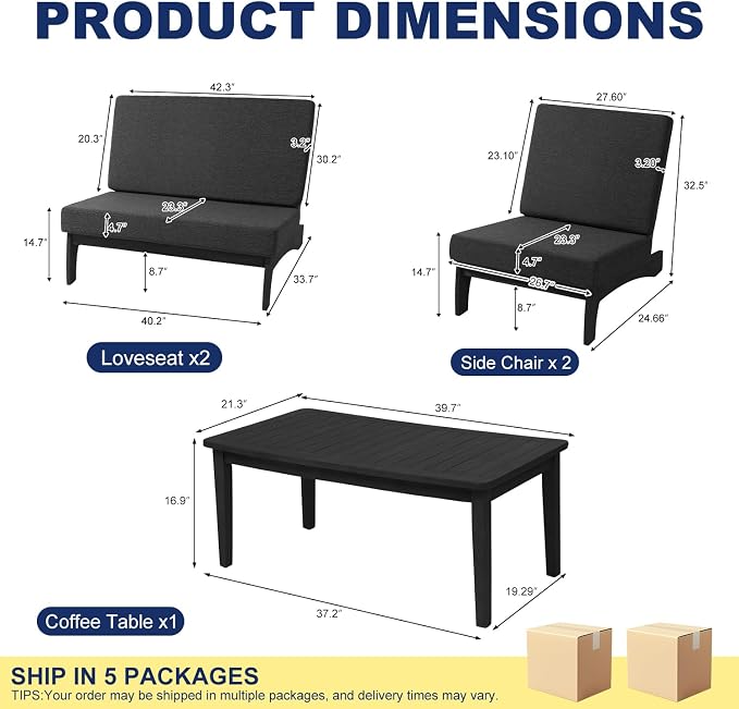 Pia Ricoo 4 Piece Patio Furniture Sets, Outdoor Furniture with 2 Chairs & Coffee Table, Patio Conversation Set for Backyard, Deck, Lawn, Drak, Dark Wood