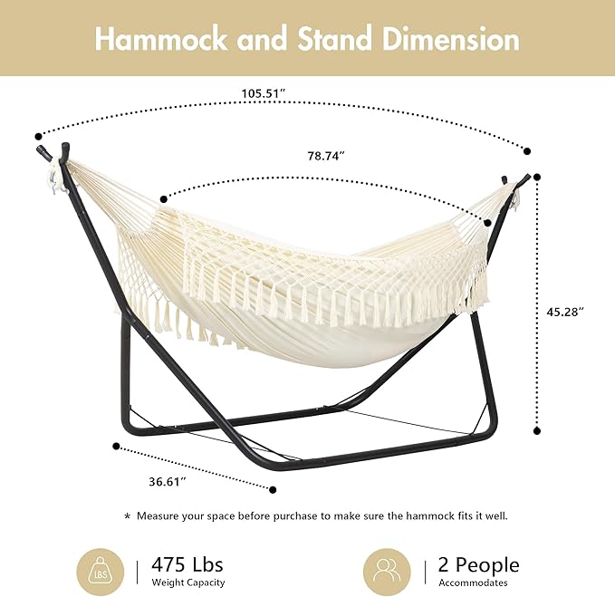ANOW Outdoor Hammock with Stand Included, Space Saving Heavy-Duty Hammock Stand with Adjustable Height, 475 Lbs Capacity, Cream with Tassels