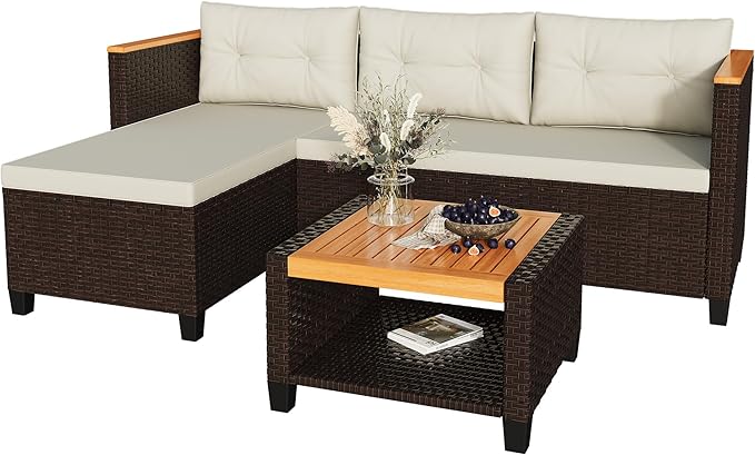 Green4ever 3-Piece Outdoor Patio Furniture Set, All-Weather PE Rattan Small Patio Sectional Sets with Storage Table, L Shaped Outdoor Couch with Cushions, Small Patio Sofa for Balcony Garden, Beige