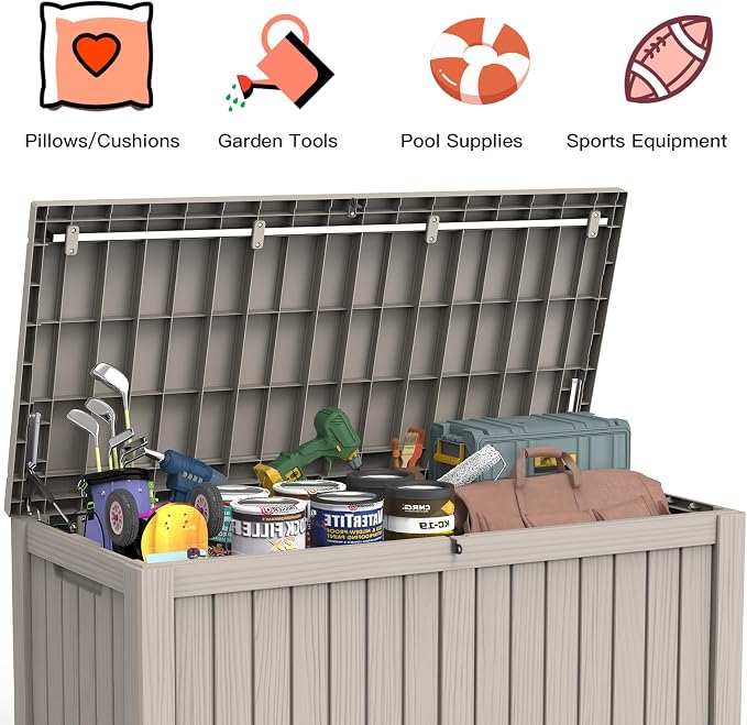 Mars Villa 120 Gallon Outdoor Storage Box, Resin Deck Box Waterproof for Patio Furniture Cushions, Pool Supplies, Gardening Tools, Weatherproof and UV Resistant, Grey