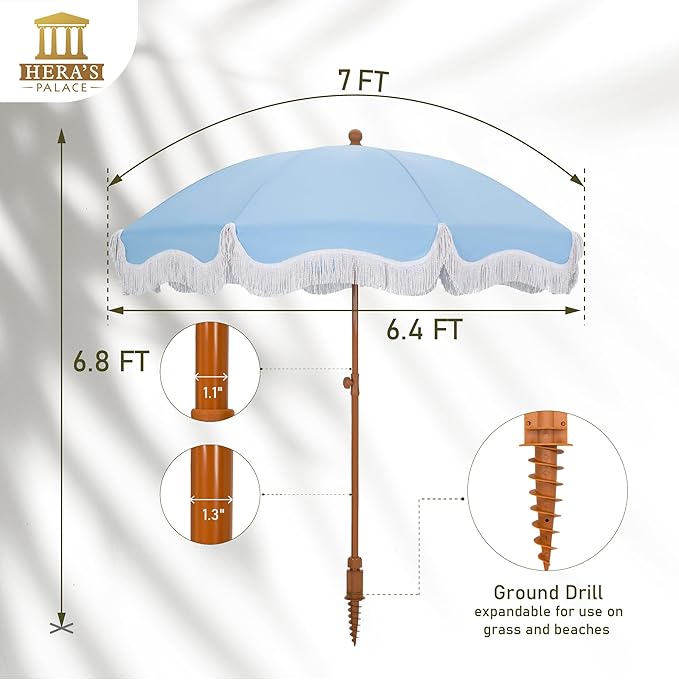 HERA'S PALACE 7ft Heavy Duty Beach Umbrella with Sand Anchor, Fringe Umbrella for Sand, UV 50+, Patio Umbrella with Tilt Pole for Garden Pool Backyard
