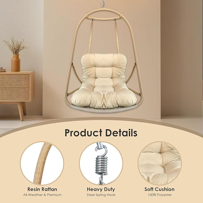 JESE Swing Egg Chair Foldable Frame Hanging Chairs, UV Resistant Waterproof Cushion and Cup Holder,Swing Hammock Chairs for Patio,Bedroom,Balcony, Garden-350lbs, No Stand, Brown